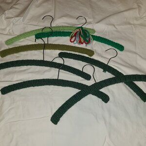 Lot Of 7 Vintage Handmade Crocheted / Knitted Wooden Hangers Green Colors